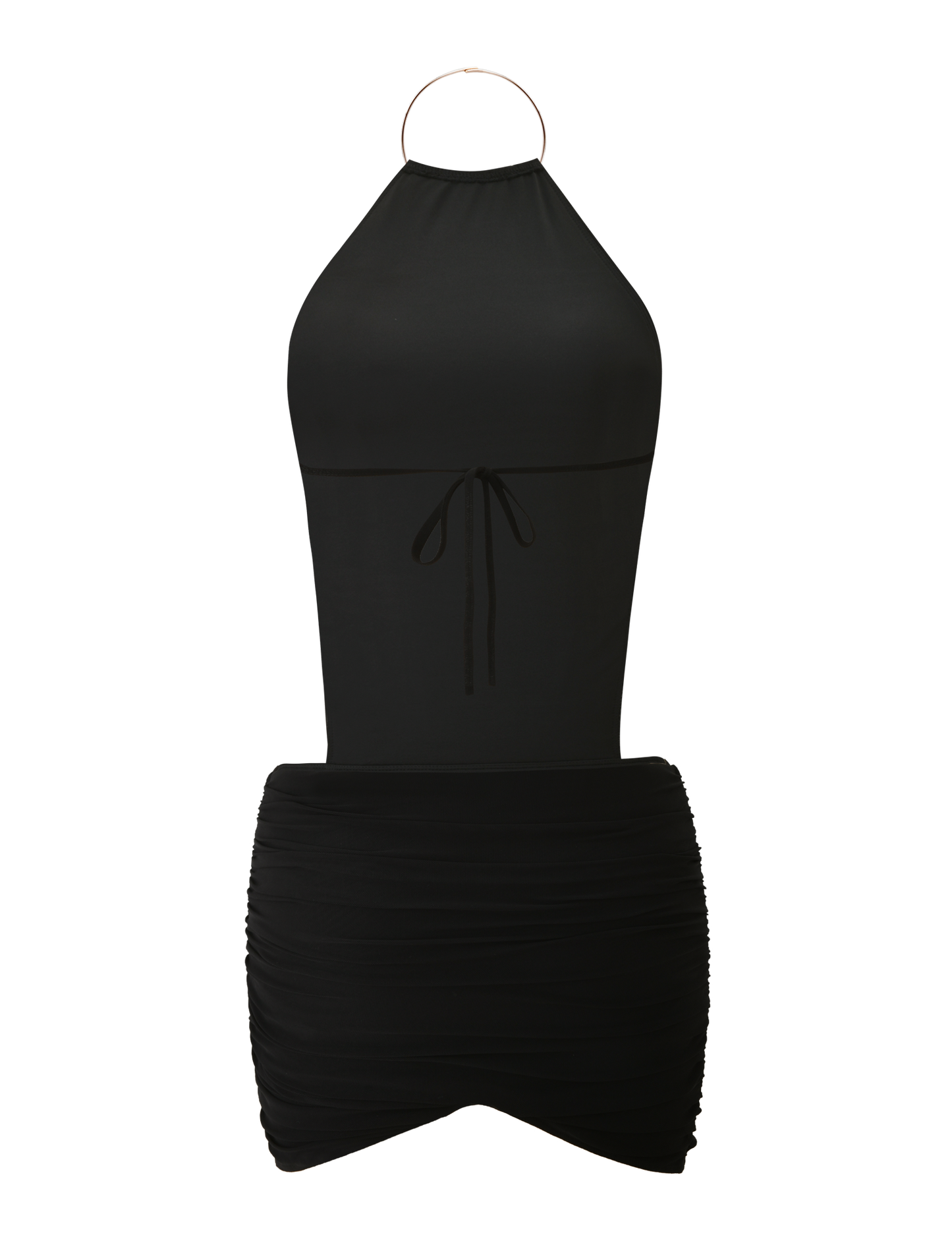 The EVANNA MINI DRESS by TIGERMIST is a sleeveless black mini dress featuring a gold neck ring, waist tie, ruched skirt, high neck, and an elegant open back for standout style.