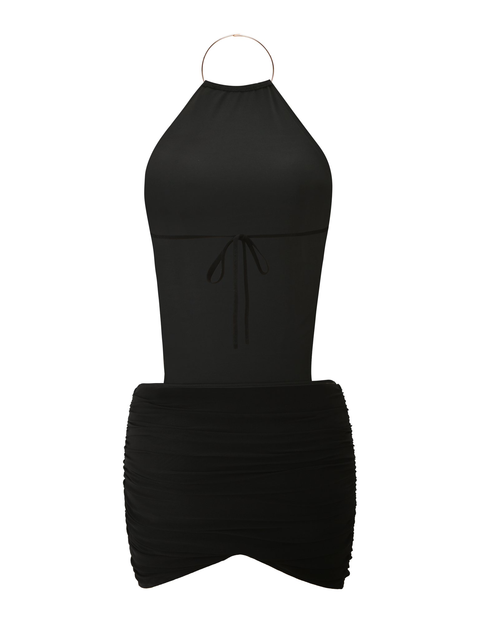 The EVANNA MINI DRESS by TIGERMIST is a sleeveless black mini dress featuring a gold neck ring, waist tie, ruched skirt, high neck, and an elegant open back for standout style.