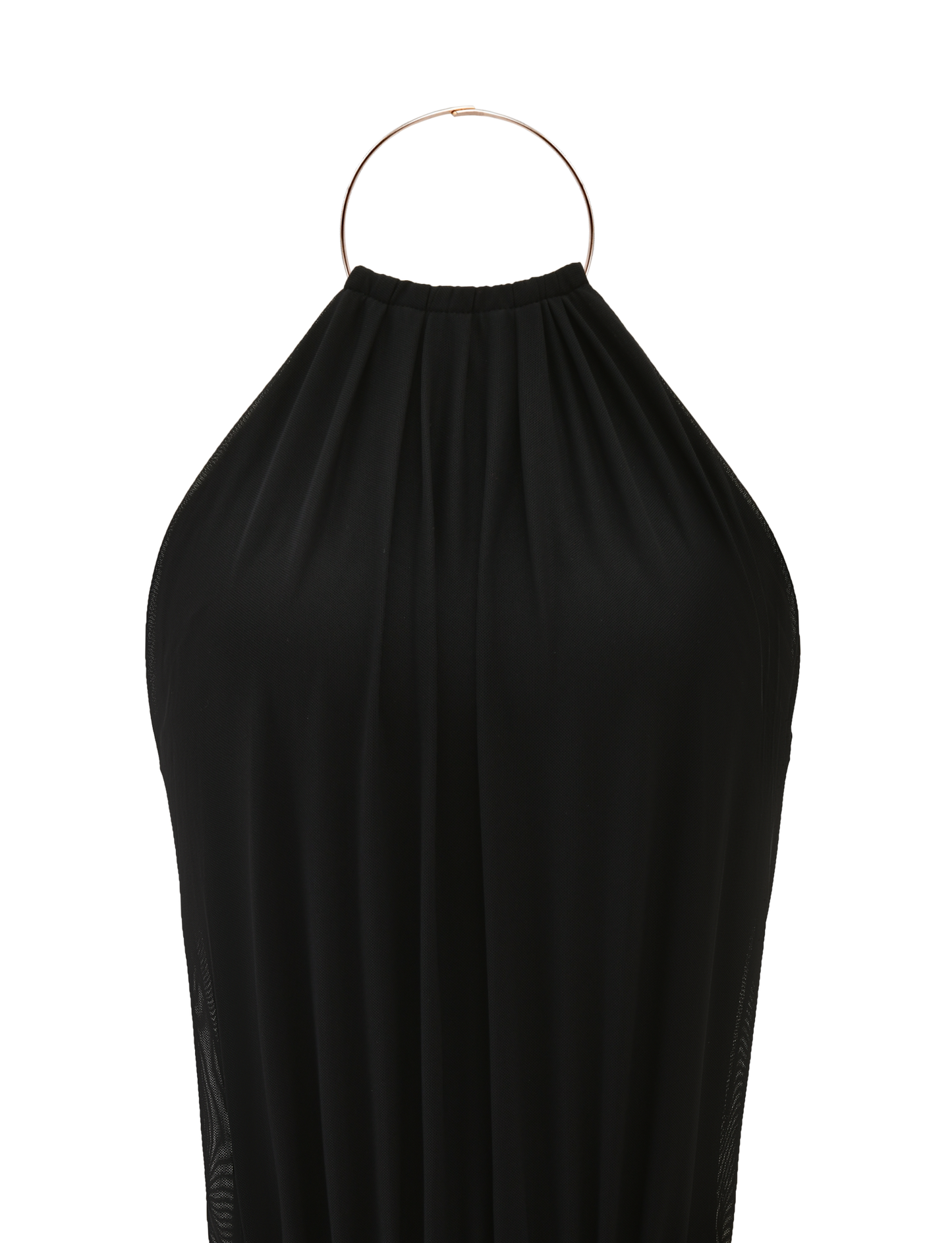 The EVANNA MINI DRESS - BLACK by TIGERMIST features a gathered neckline, thin metallic circular collar straps, and an open back, shown against a plain white background.