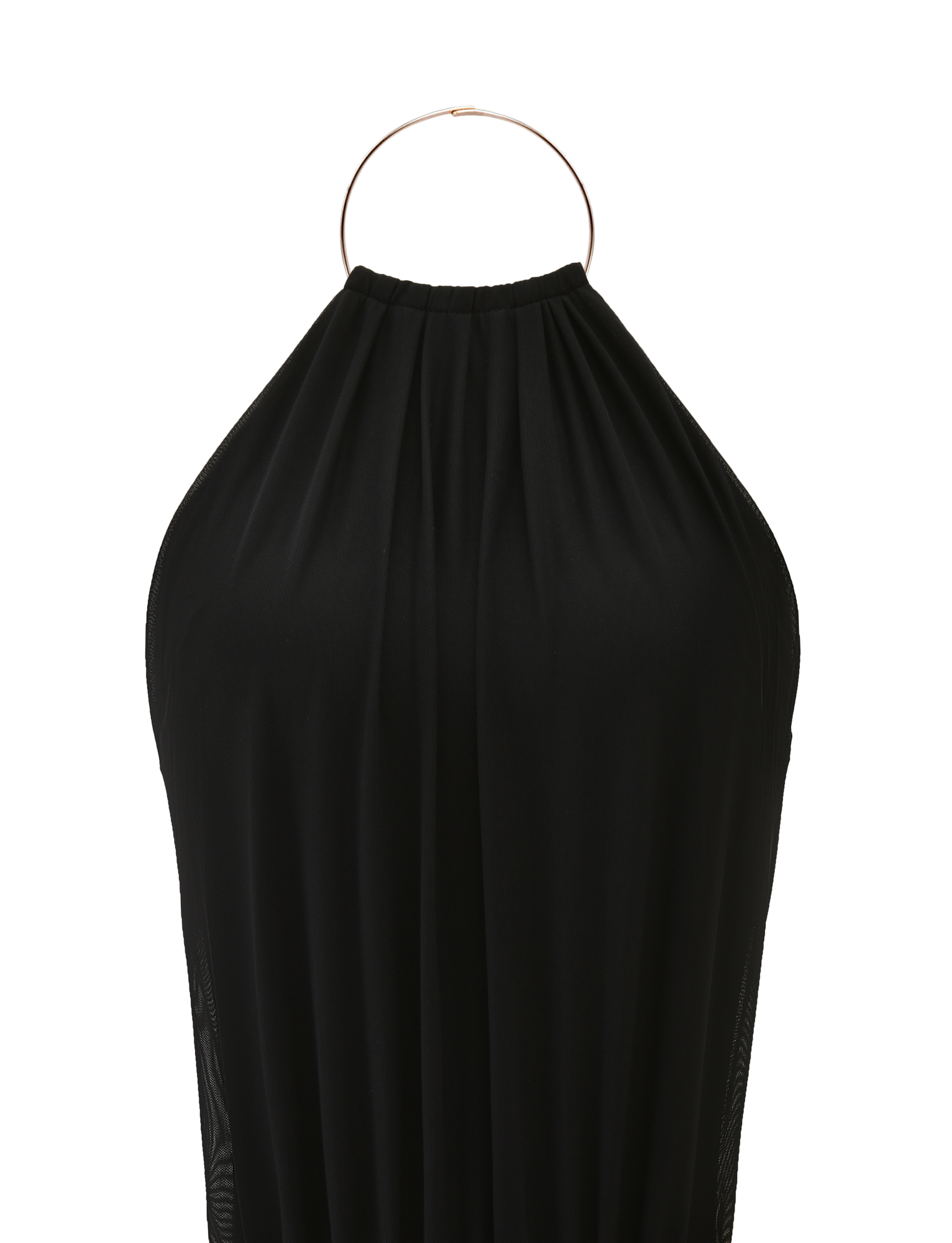 The EVANNA MINI DRESS - BLACK by TIGERMIST features a gathered neckline, thin metallic circular collar straps, and an open back, shown against a plain white background.