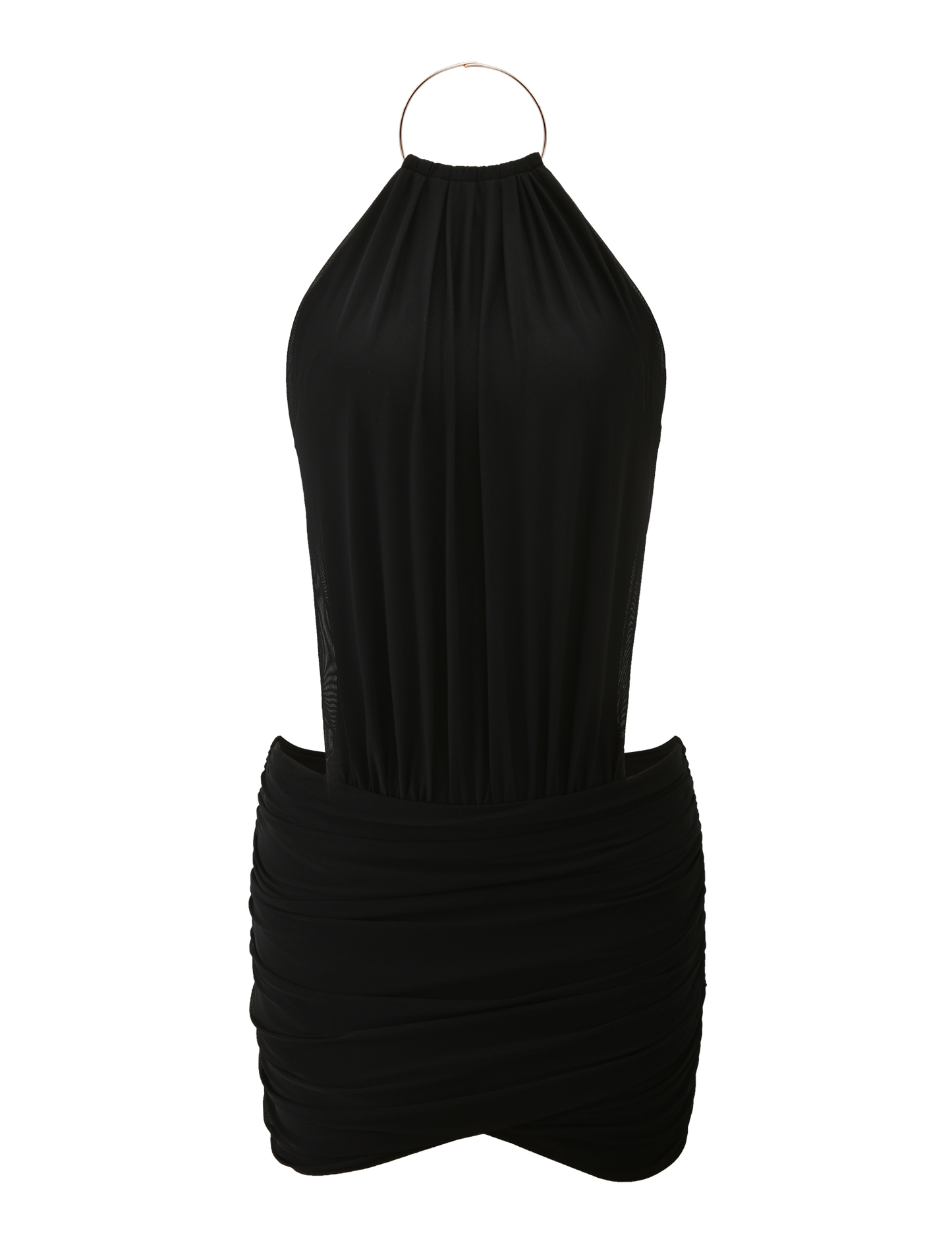 The EVANNA MINI DRESS by TIGERMIST is a black halter-neck mini dress with a gathered, ruched skirt, open back, and metallic ring closure.