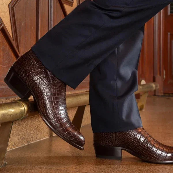 Handmade Croc Print Leather Slip On Western Cowboy Boots