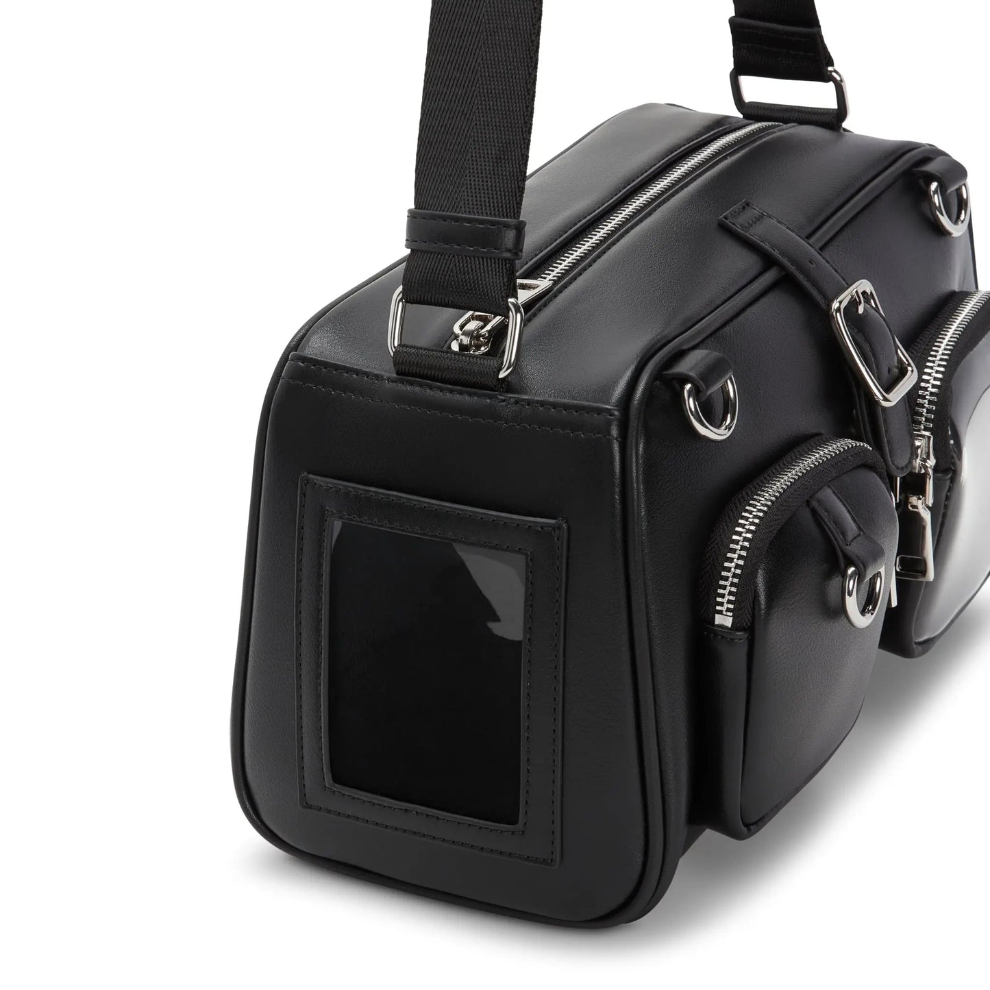 Black keychain bag with six hanging loops and display pocket for collectibles