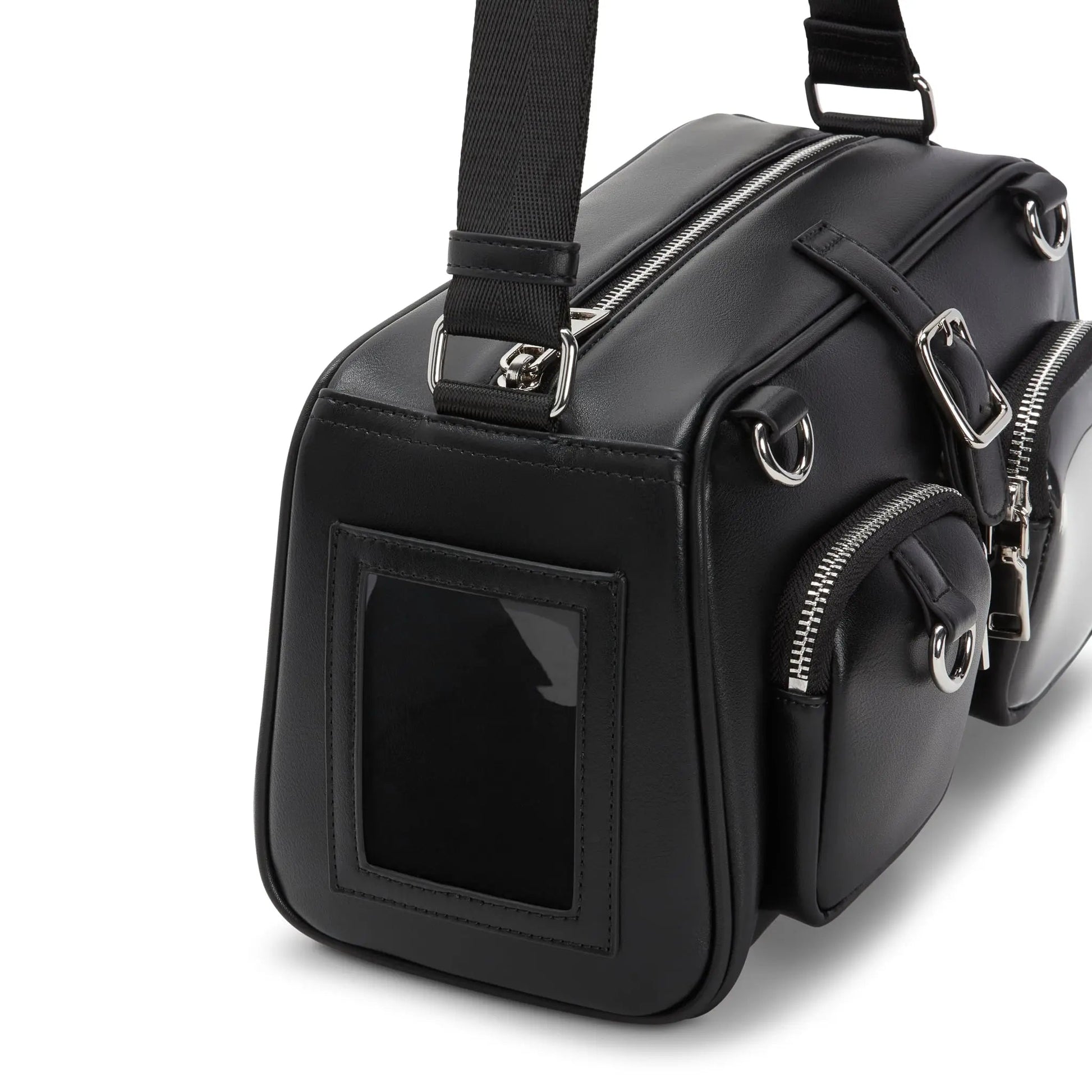 Black keychain bag with six hanging loops and display pocket for collectibles