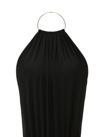The EVANNA MINI DRESS - BLACK by TIGERMIST features a gathered neckline, thin metallic circular collar straps, and an open back, shown against a plain white background.
