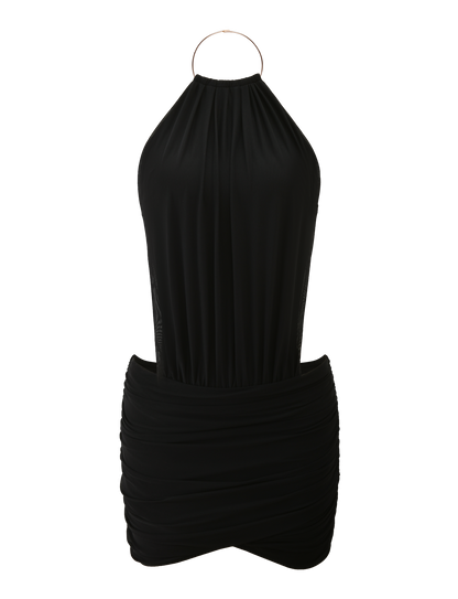 The EVANNA MINI DRESS by TIGERMIST is a black halter-neck mini dress with a gathered, ruched skirt, open back, and metallic ring closure.